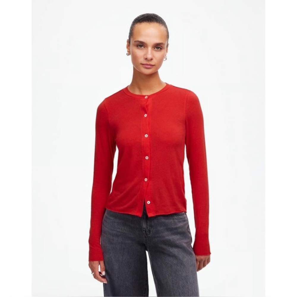 NWT Madewell Wool-Blend Crewneck Cardigan in Bright Cherry size XS